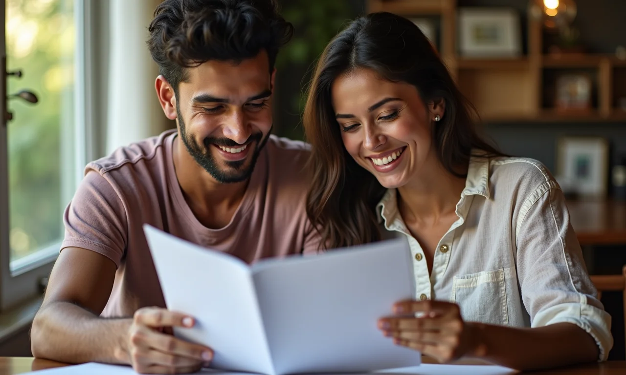 Casal revisando checklist dos preparativos do casamento, garantindo que deveres dos padrinhos sejam cumpridos.