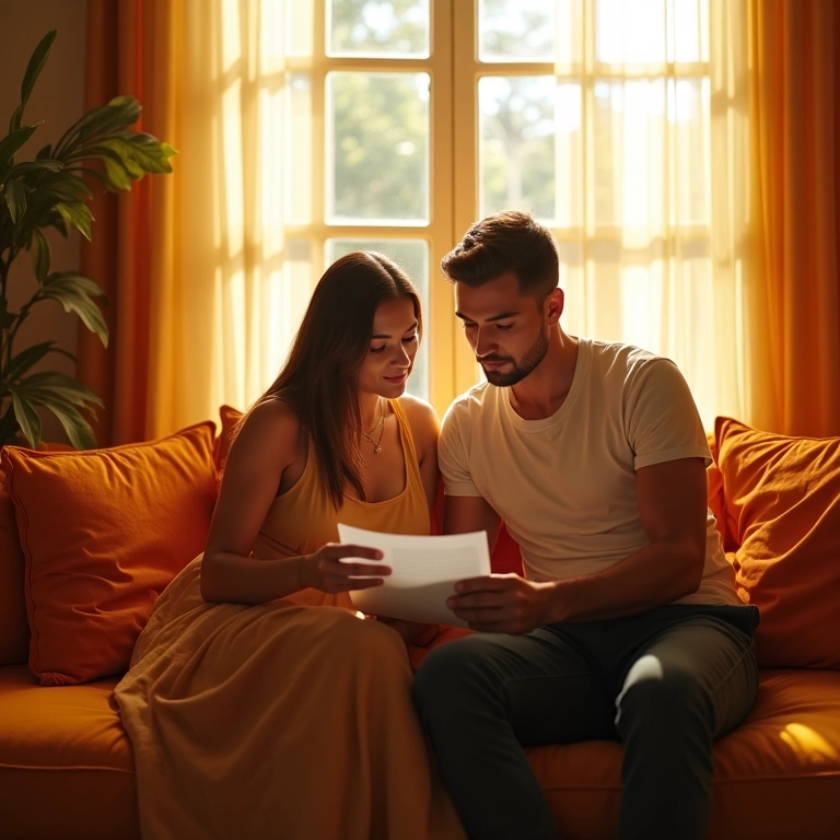 Casal revisando contrato de união estável em ambiente aconchegante.