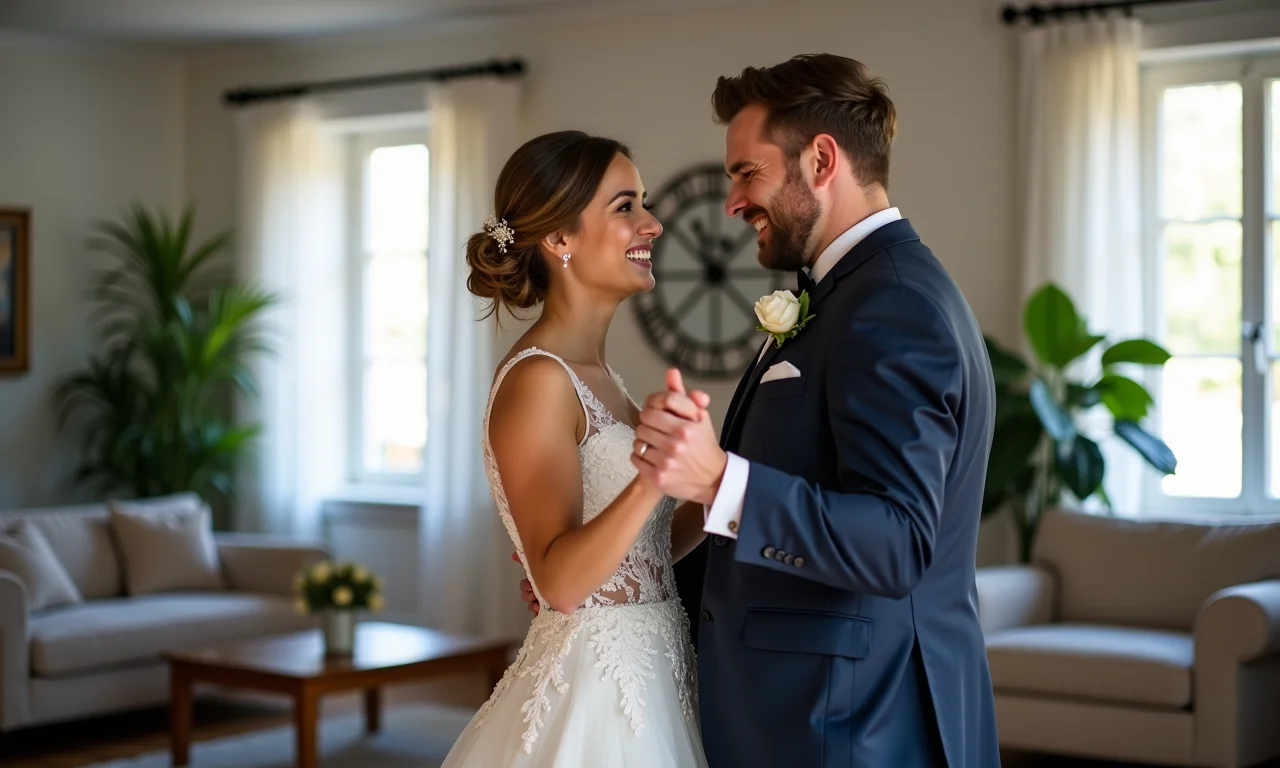 Casal rindo após errar um passo na dança.