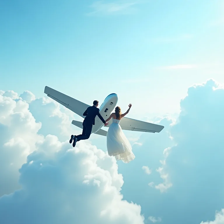 Casal saltando de paraquedas com céu azul