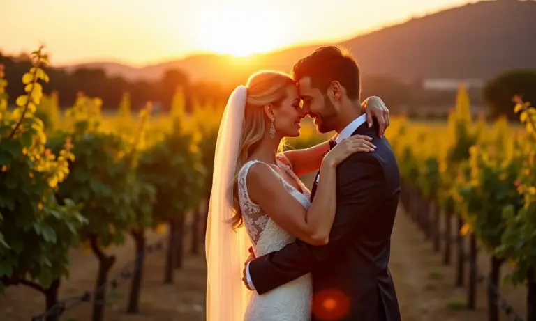 Casal se abraça em casamento numa vinícola ao pôr do sol.