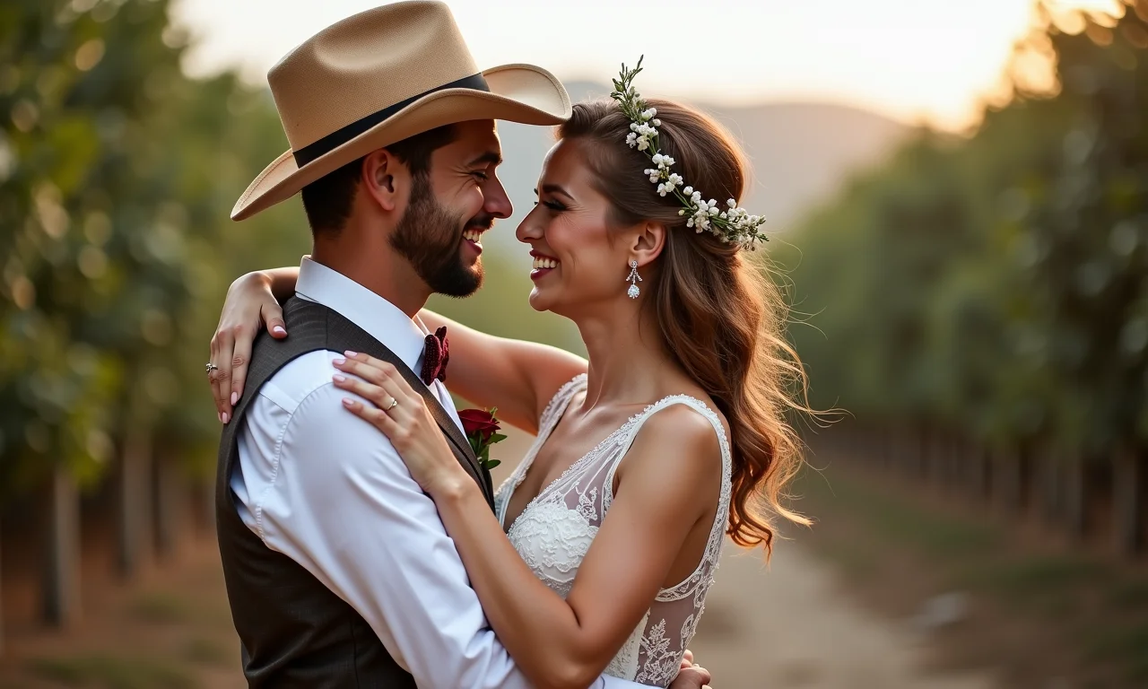 Casal se abraçando em casamento vintage com decoração Farm Rio.