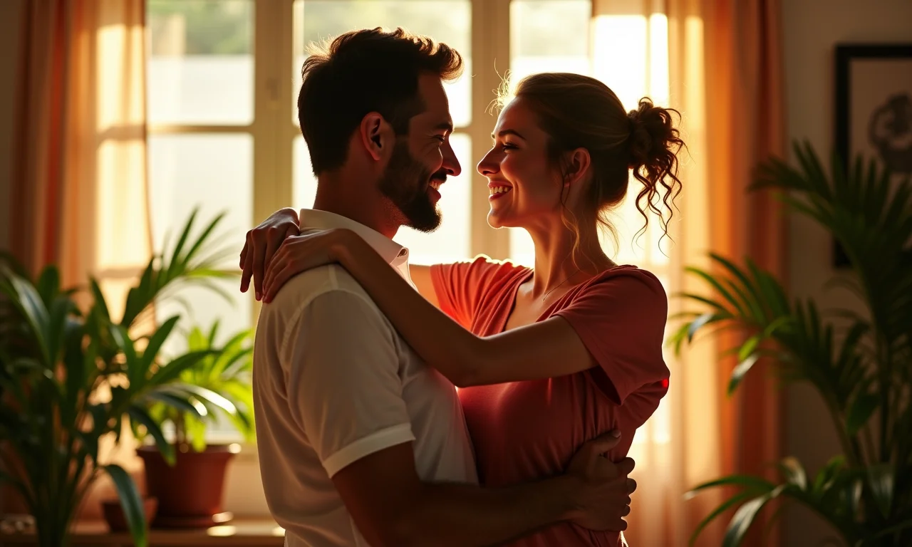 Casal se abraçando em lar brasileiro ensolarado, transmitindo perdão e reconciliação.