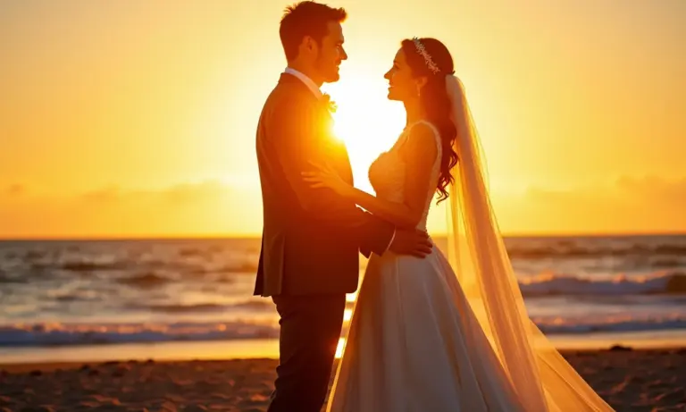 Casal se beijando ao pôr do sol em um casamento na praia.