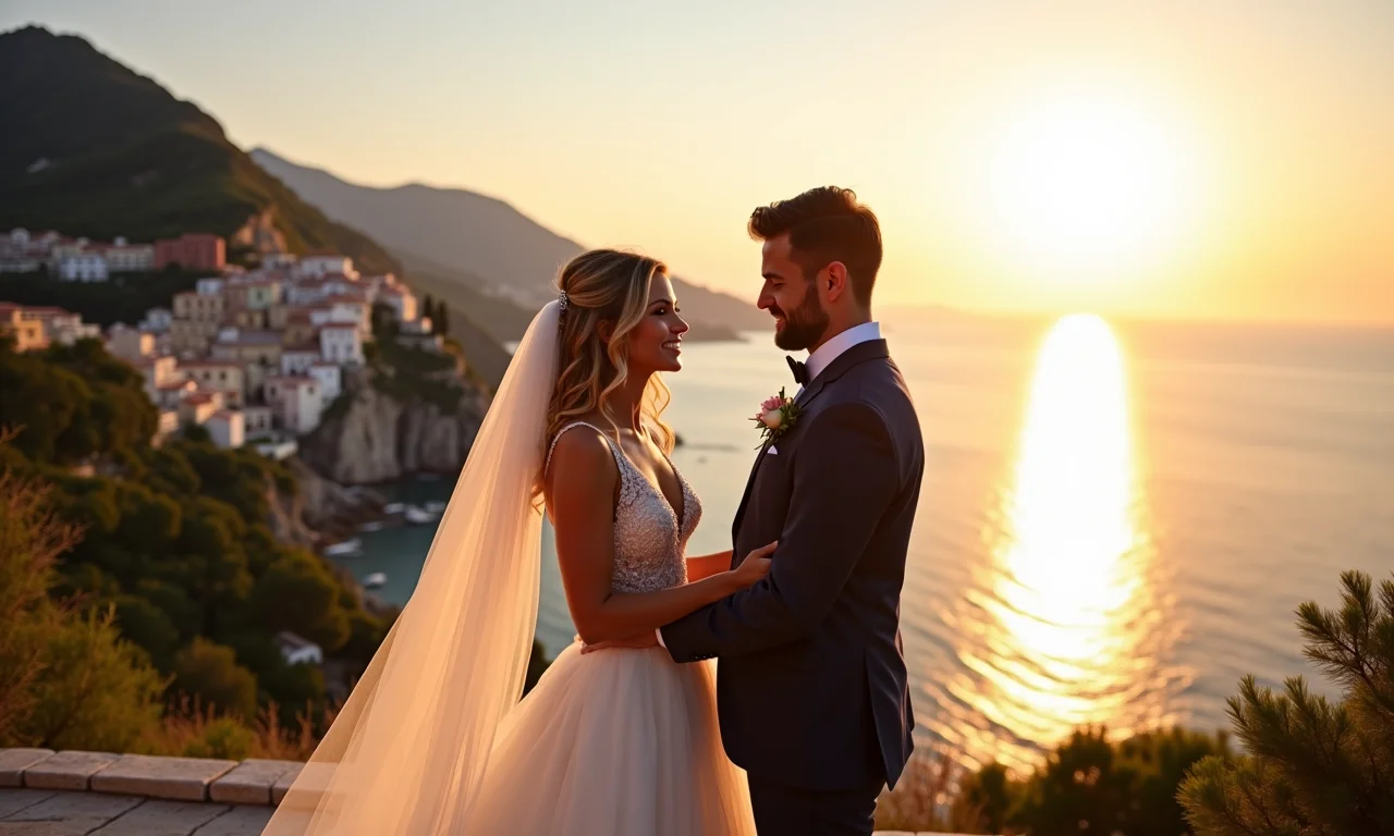 Casal se casando na costa italiana ao pôr do sol.