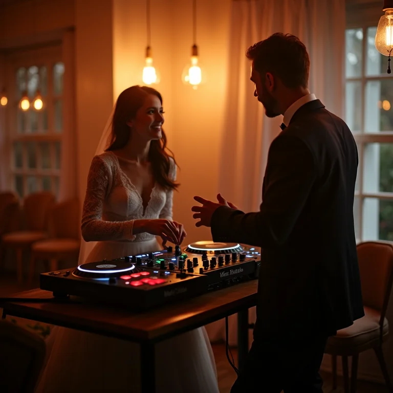Casal se reunindo com DJ em estúdio para planejar casamento.