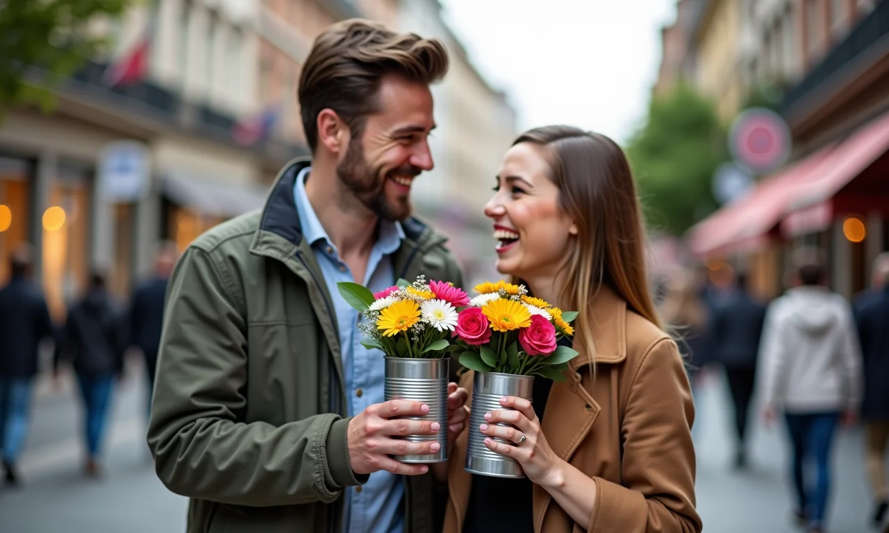 Casal segurando latas de estanho com flores, celebrando dez anos de casamento.