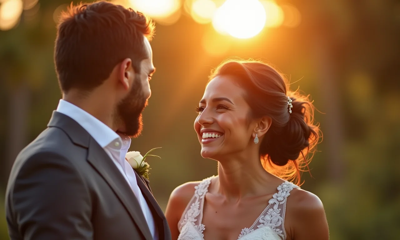 Casal sorrindo durante cerimônia de casamento celebrada por amigo.