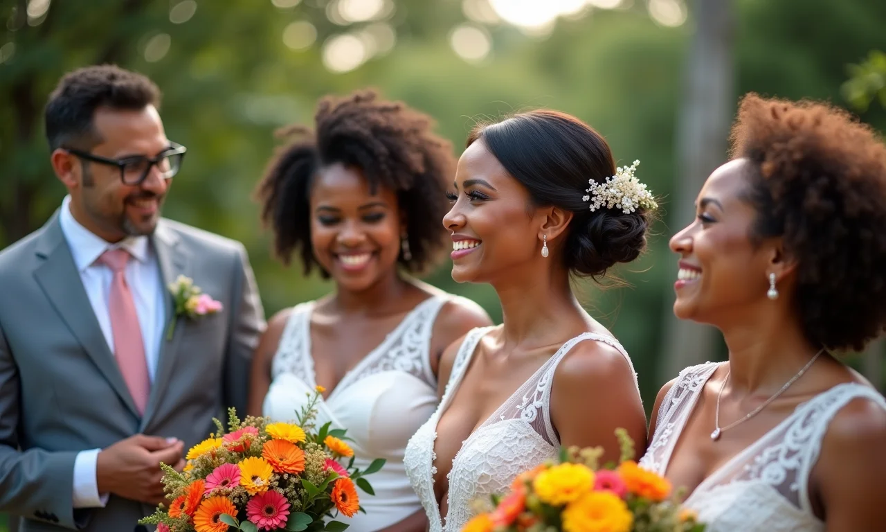 Casal sorrindo em seu casamento, cercado por padrinhos e madrinhas diversos.