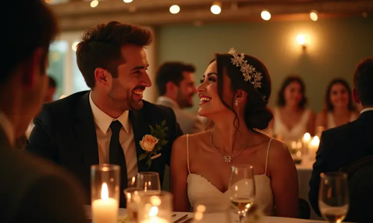 Casal sorrindo em um casamento intimista com decoração rústica e iluminação suave.