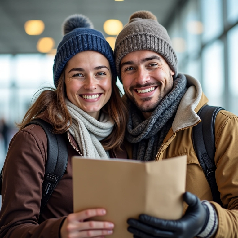 Casal sorrindo no aeroporto, prontos para a lua de mel na neve.