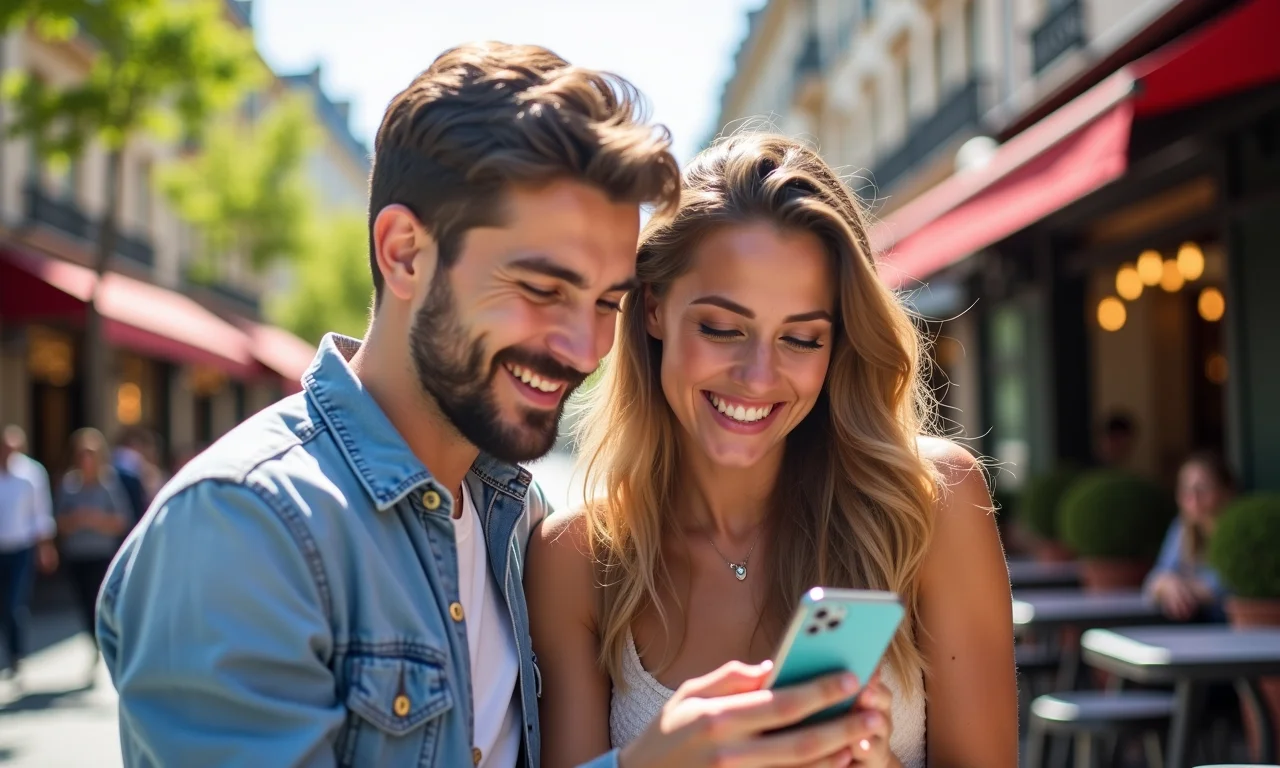 Casal sorrindo usando aplicativo de viagem em café parisiense, economizando na lua de mel.