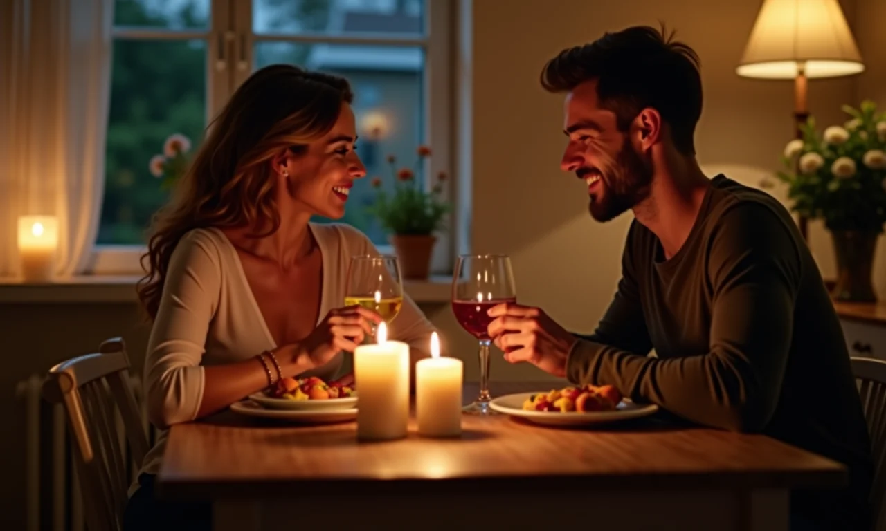 Casal tendo um jantar romântico em casa durante a lua de mel.