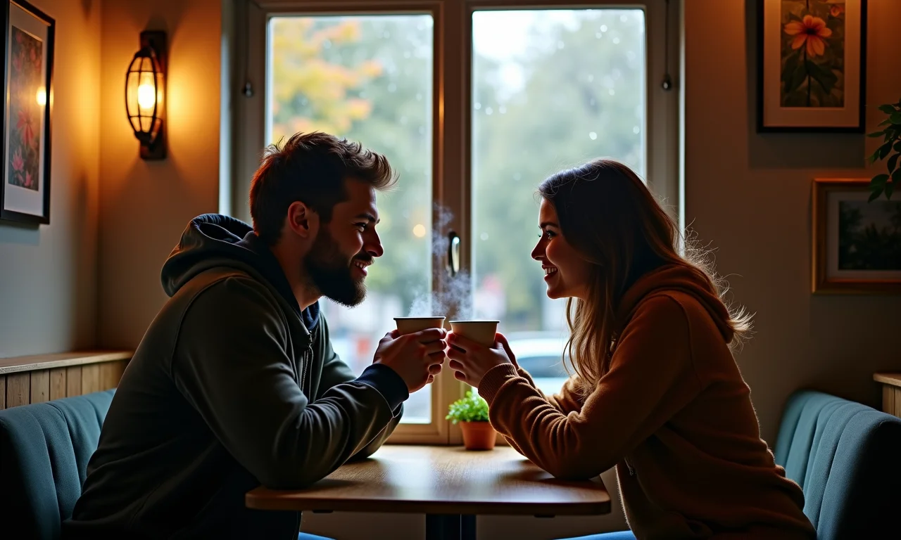 Casal tomando chocolate quente em café aconchegante em Canela em dia de chuva.