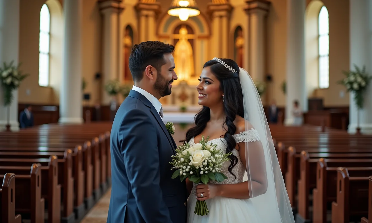 Casal trocando olhares com os padrinhos em igreja decorada.