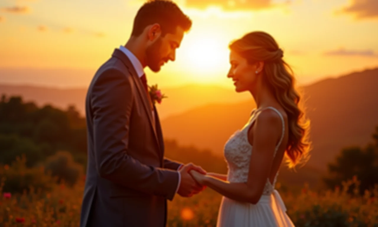 Casal trocando votos ao pôr do sol em um casamento intimista.