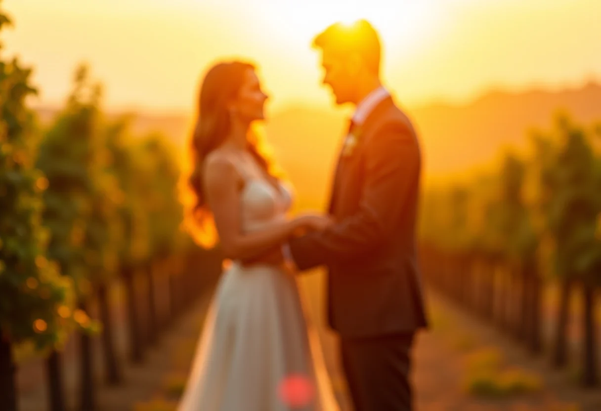 Casal trocando votos ao pôr do sol em vinhedo, casamento de luxo