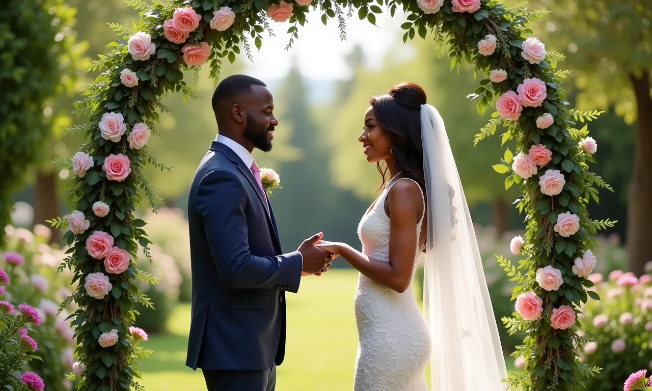 Casal trocando votos em um casamento ao ar livre.