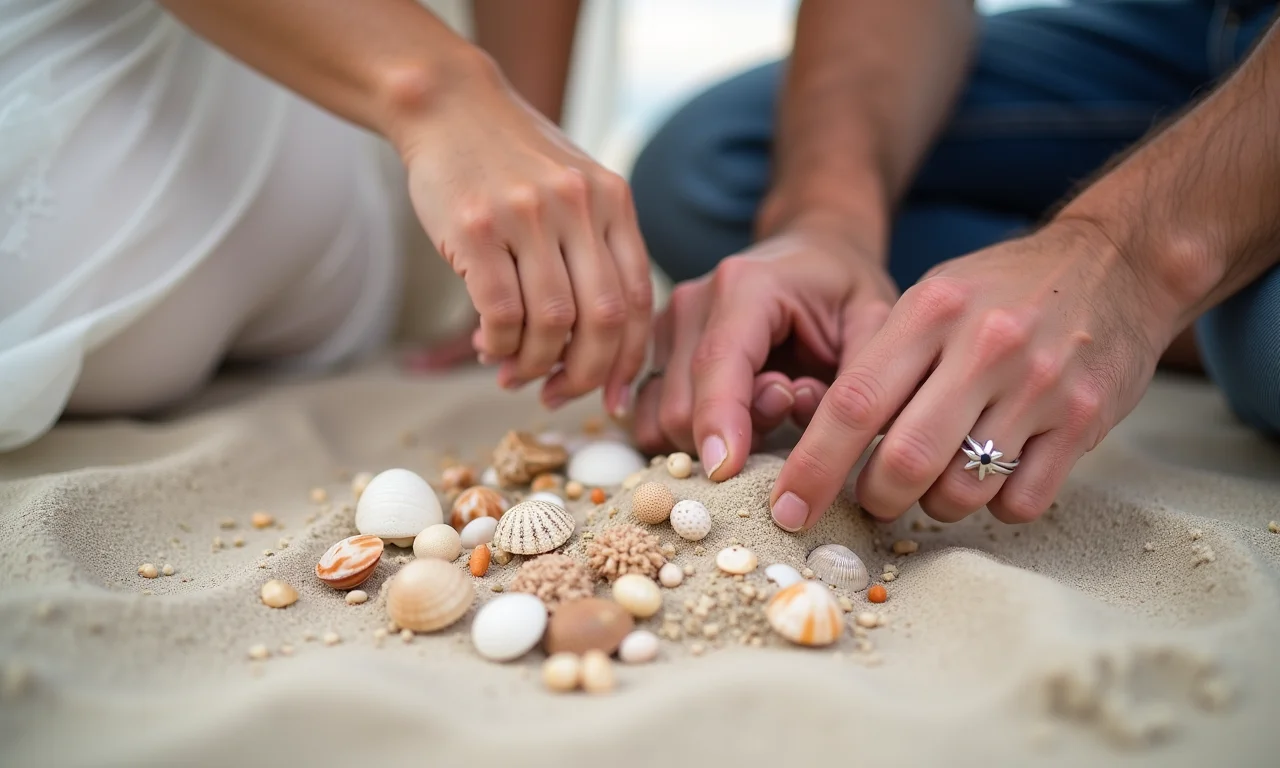 Casal usa conchas e glitter na cerimônia das areias.