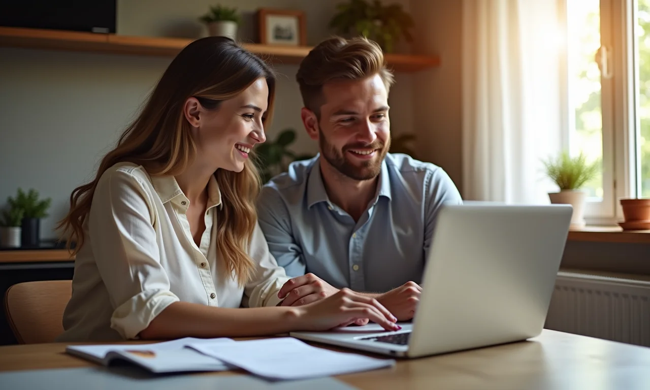 Casal usa laptop para planejar comunicação do casamento.
