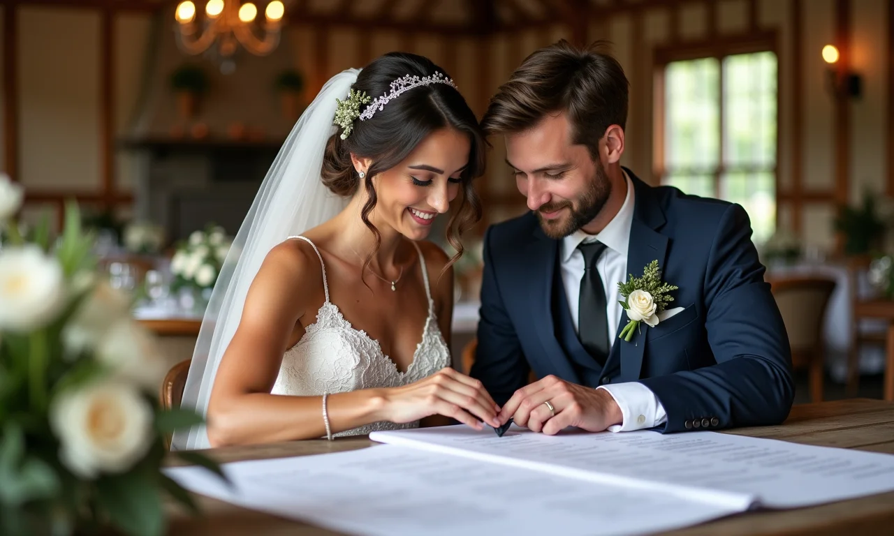 Casal vendo tabela resumo do planejamento da primeira dança.