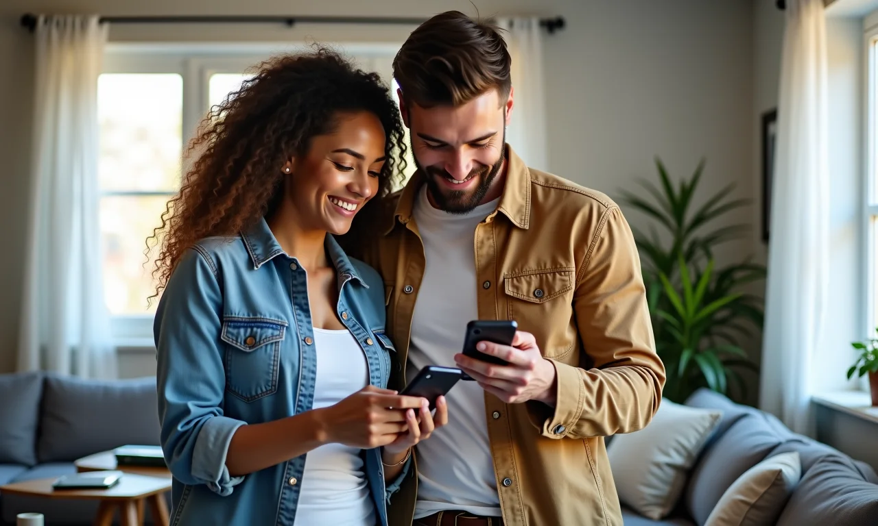 Casal verificando milhas e programas de fidelidade no smartphone.