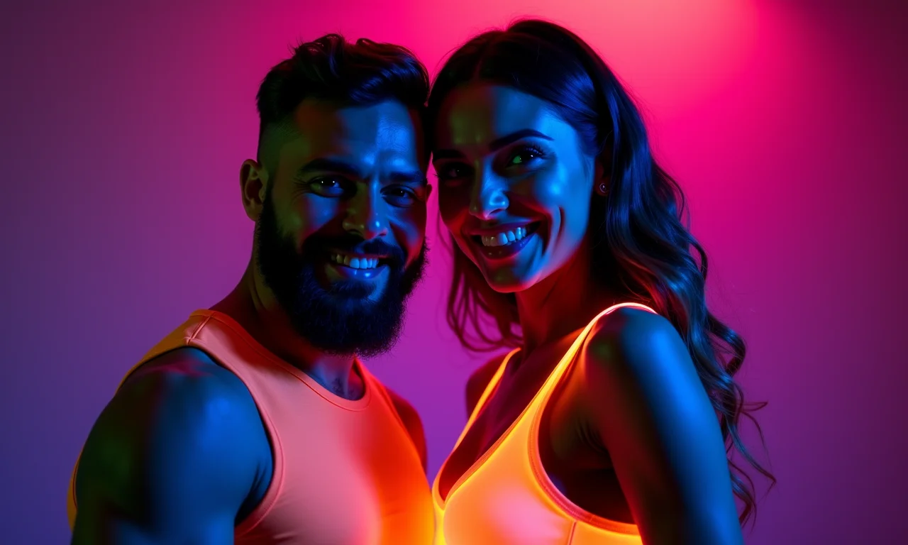 Casal vestindo roupas neon sob luz negra.