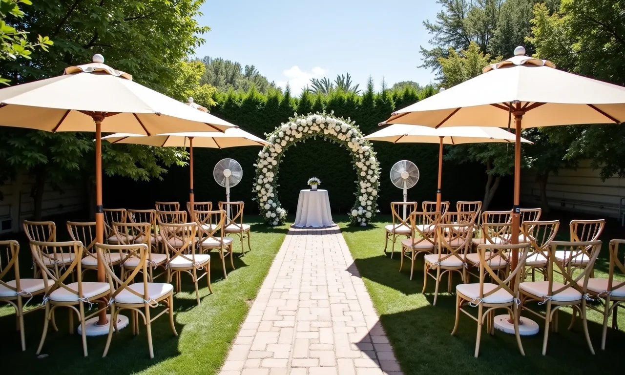 Casamento ao ar livre com assentos confortáveis e comodidades para os convidados.