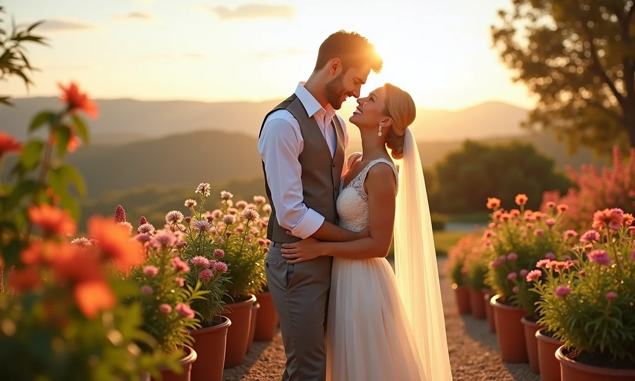 Casamento ao ar livre com flores plantadas.