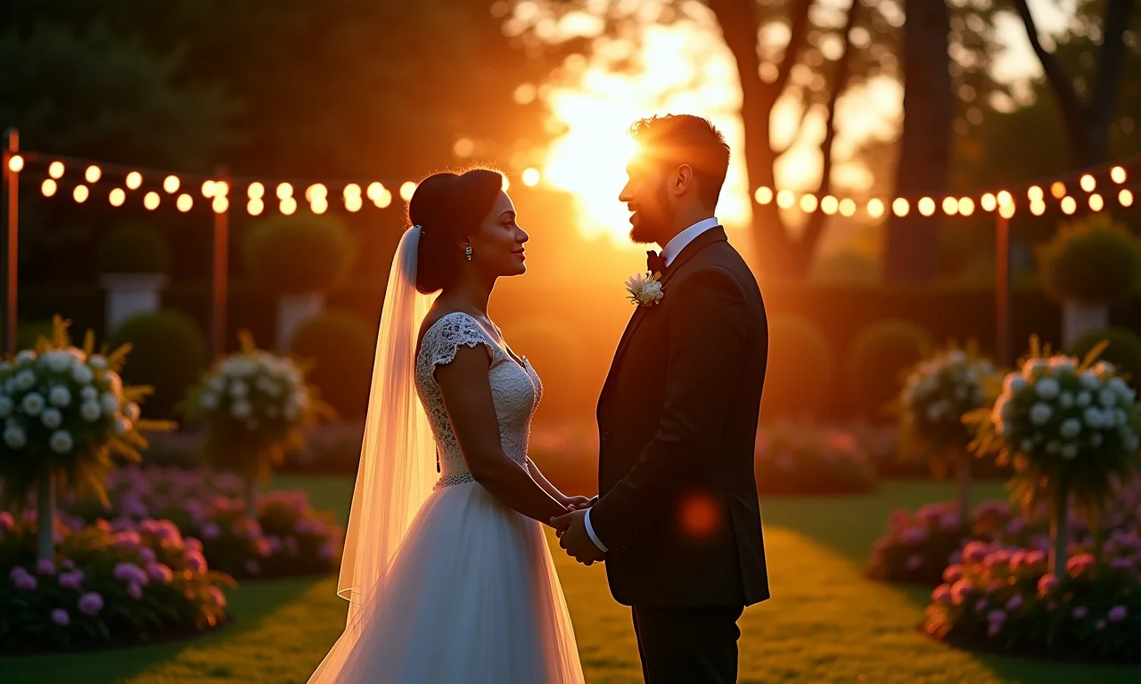 Casamento ao ar livre com iluminação de canhões de luz.