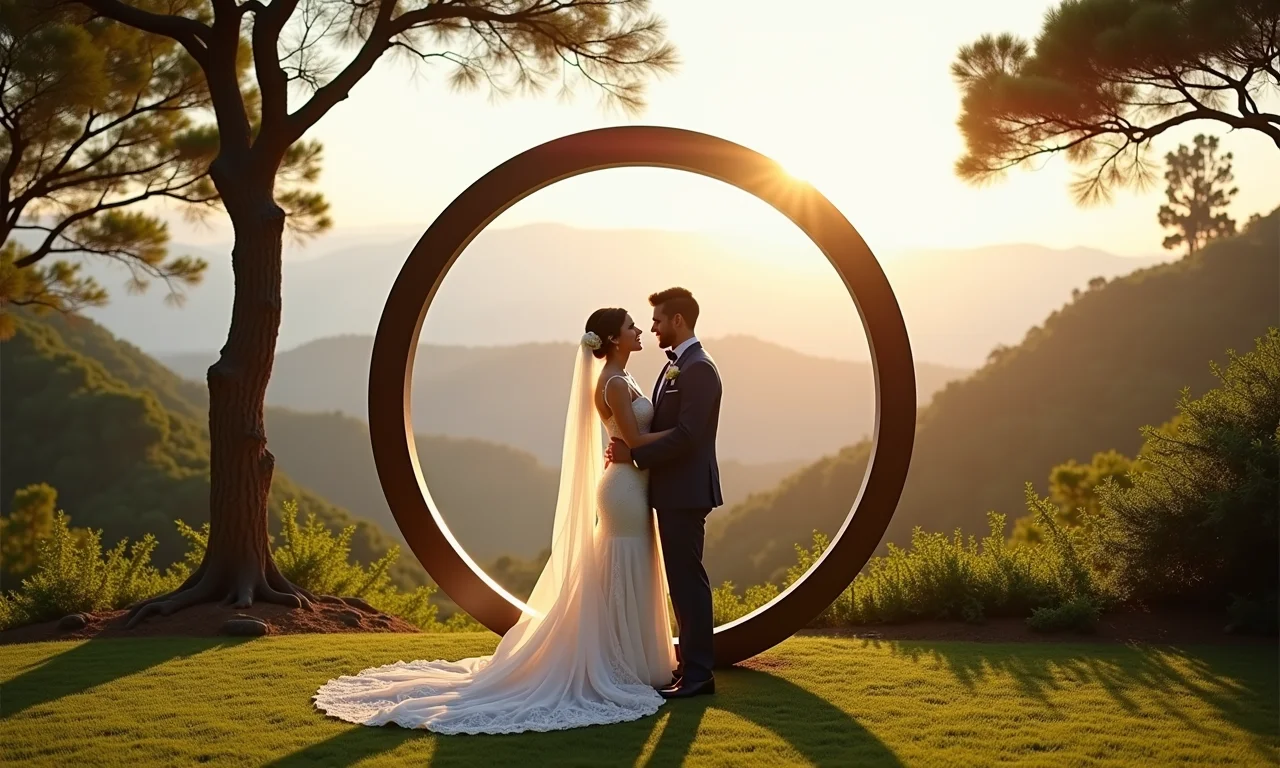 Casamento ao ar livre com painel redondo.