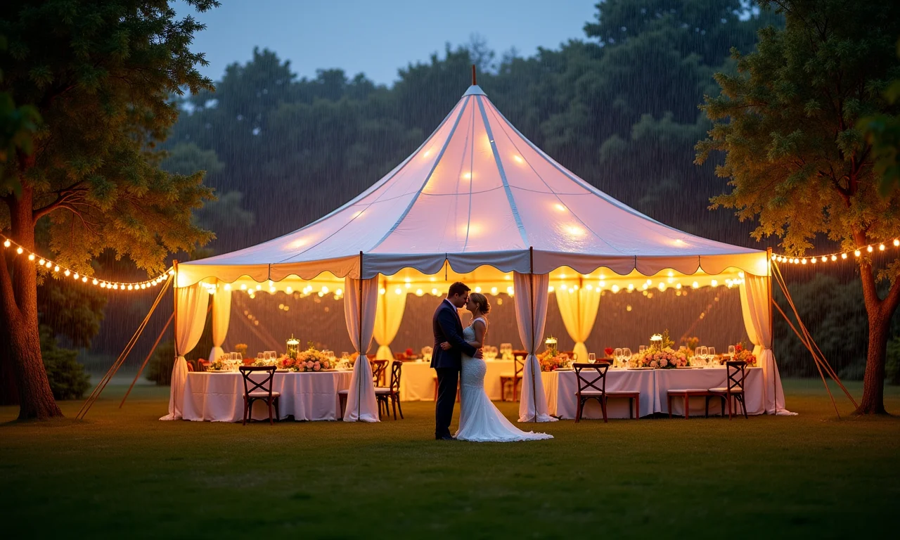 Casamento ao ar livre com tenda transparente durante a chuva.