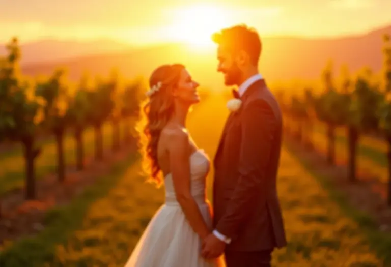 Casamento ao pôr do sol em vinhedo com luz dourada