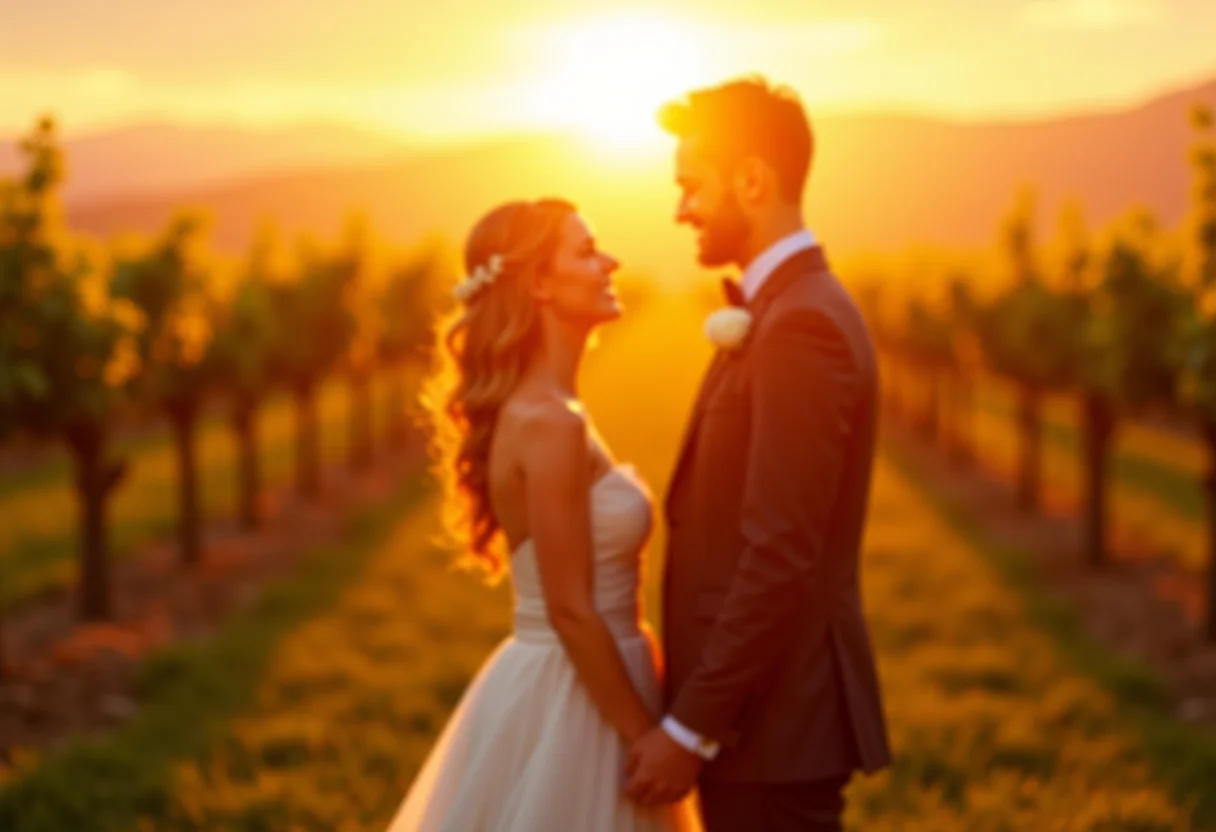 Casamento ao pôr do sol em vinhedo com luz dourada