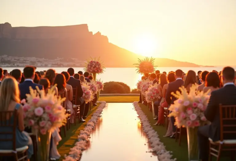 Casamento ao pôr do sol na Cidade do Cabo com a Table Mountain ao fundo