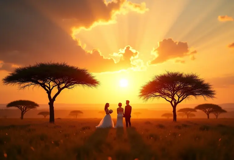 Casamento ao pôr do sol na savana africana