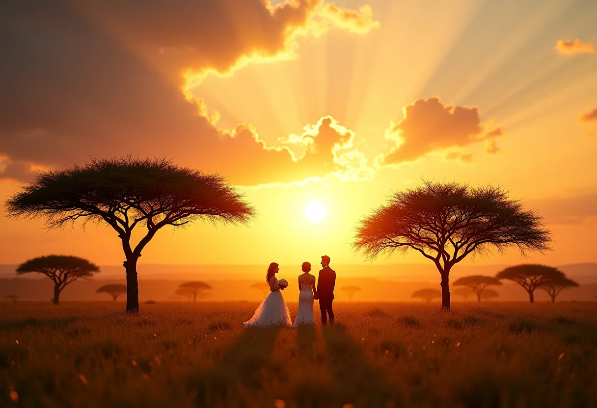Casamento ao pôr do sol na savana africana