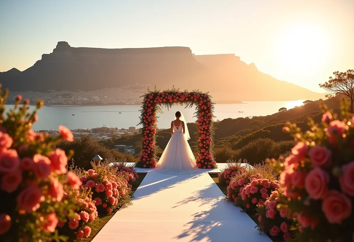 Casamento de luxo com vista para a Table Mountain, África do Sul.