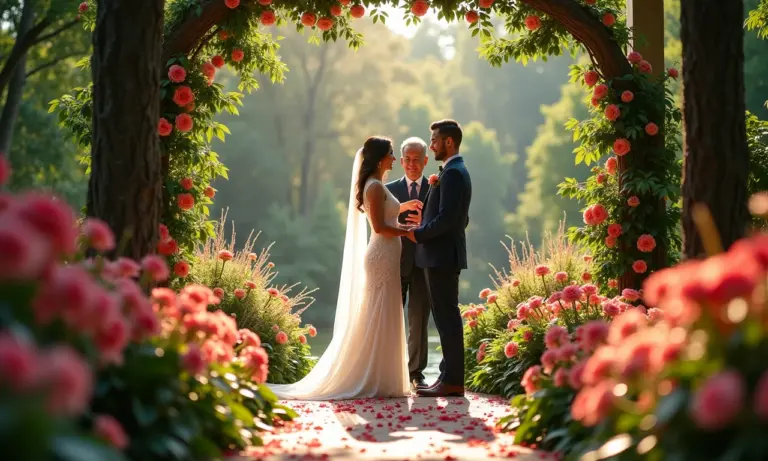Casamento deslumbrante em jardim botânico exuberante.
