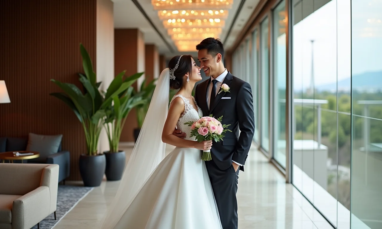 Casamento em hotel boutique com decoração elegante e luz natural.