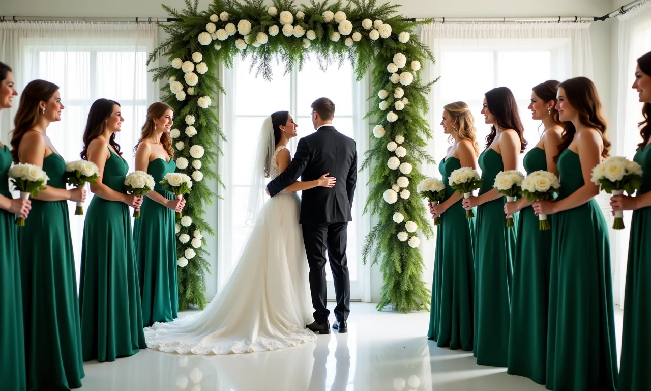 Casamento em preto e branco com toques de verde esmeralda em arranjos florais e vestidos das madrinhas.