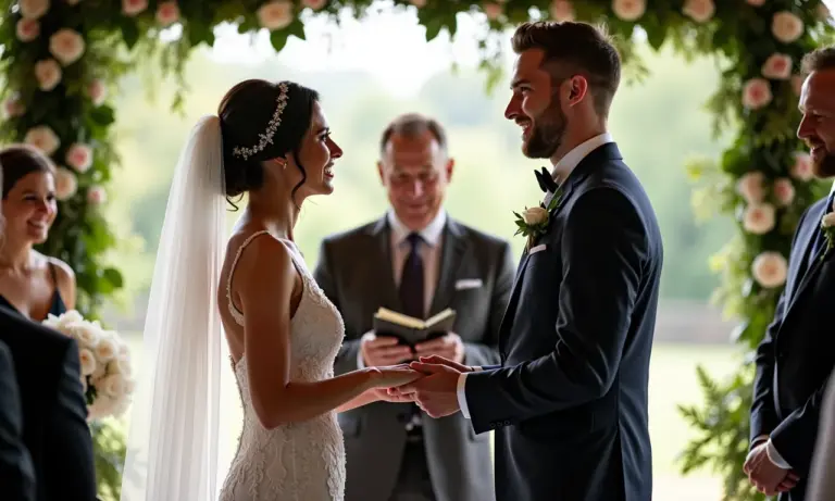 Casamento emocionante com celebrante amigo: noivos trocando votos.
