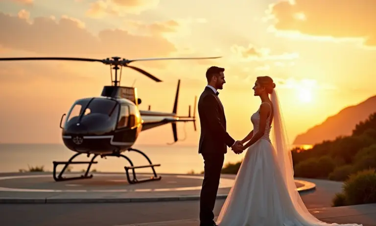 Casamento luxuoso com noivos chegando de helicóptero em heliponto ao pôr do sol.