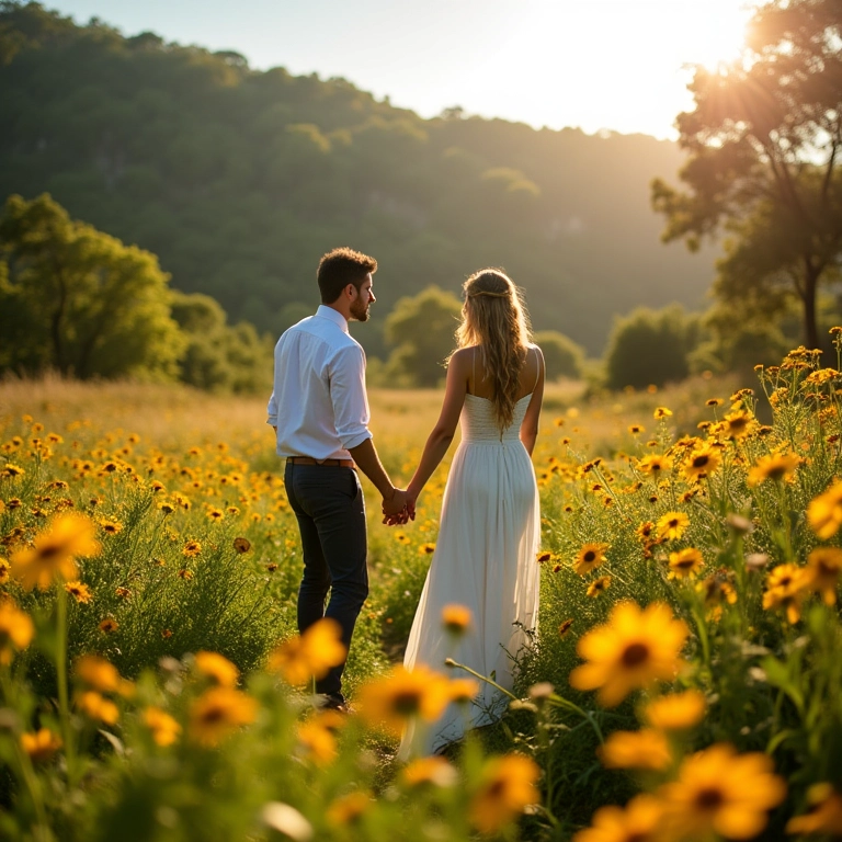 Casamento piquenique alegre em campo florido com noivos sorrindo.