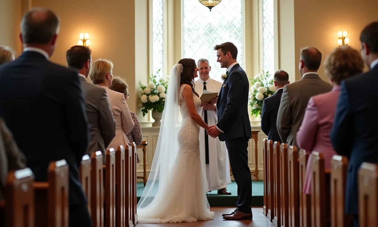 Casamento religioso em uma igreja pequena com cerimônia íntima.