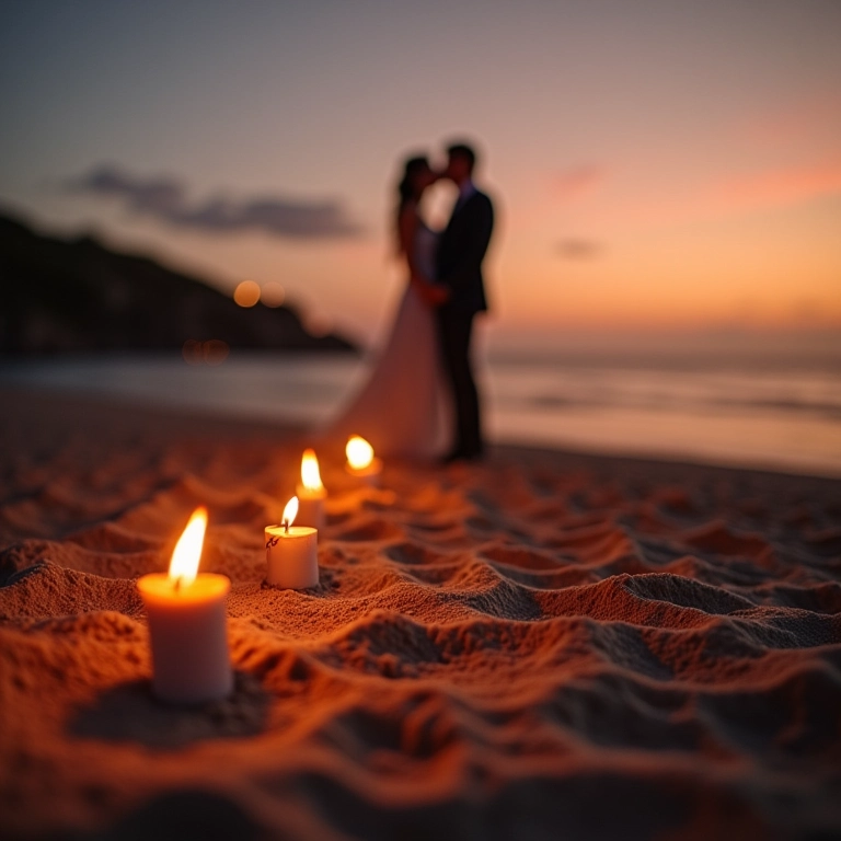 Casamento romântico na praia iluminado por tochas ao entardecer.