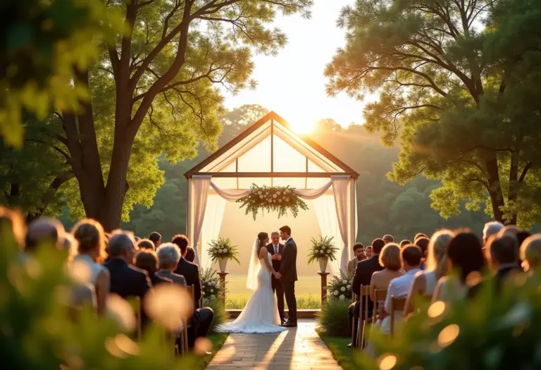 Casamento sustentável em estufa com luz dourada.