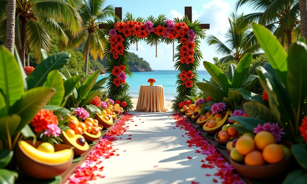 Casamento tropical ao ar livre com flores vibrantes e frutas exóticas.