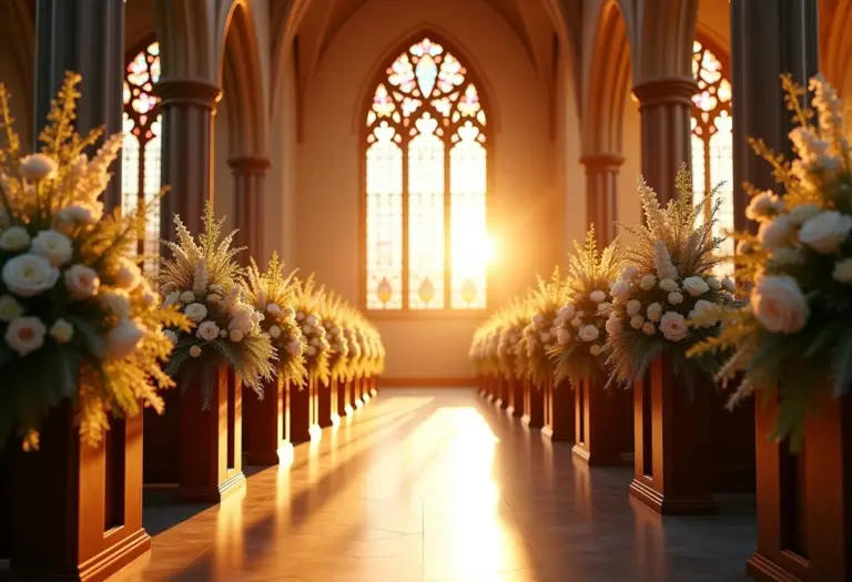 Cenário de casamento luxuoso em igreja clássica com decoração floral exuberante.