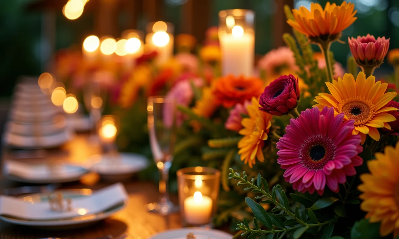 Centro de mesa de casamento iluminado com focos de luz, decoração vibrante.